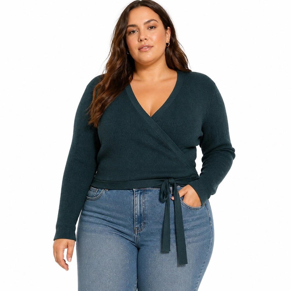 Wool& Natalia Merino Wool Blend Wrap Top Forest Green Long Sleeve Plus Size 1X
